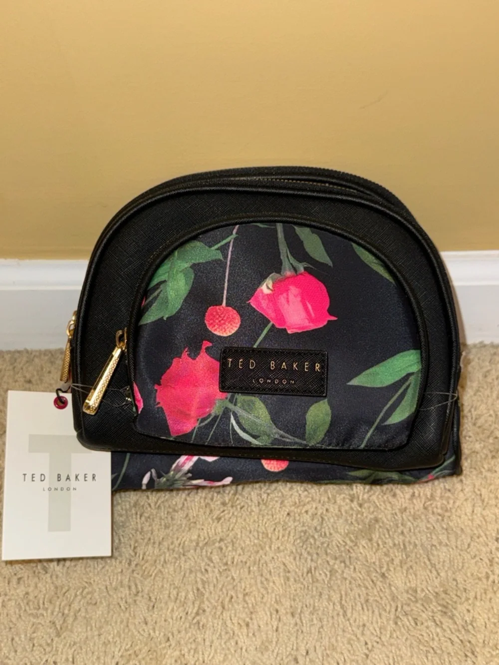 Ted Baker Black Floral Makeup Pouch with Pink Blooms